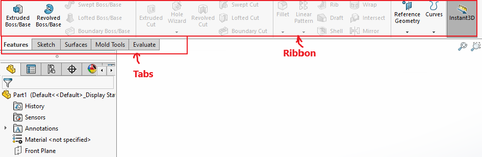 ',Vrap 
Extruded 
aoss/Base 
Features 
Swept Soss;aase 
Revolved 
Lofted aoss;aase 
aoss/Base 
Extruded 
Revolved 
Wizard 
Swept Cut 
Lofted Cut 
Soundar} Cut 
Draft 
Shell 
Reference 
Intersect 
Geometry 
Mirror 
Curves 
n stant3D 
Soundar} Soss;aase 
Sketch Surfaces Mold Tools Evaluate 
Ribbon 
Tabs 
partl _ Display Sta 
History 
Sensors 
Annotations 
erial < not specfied> 
Front Plane 